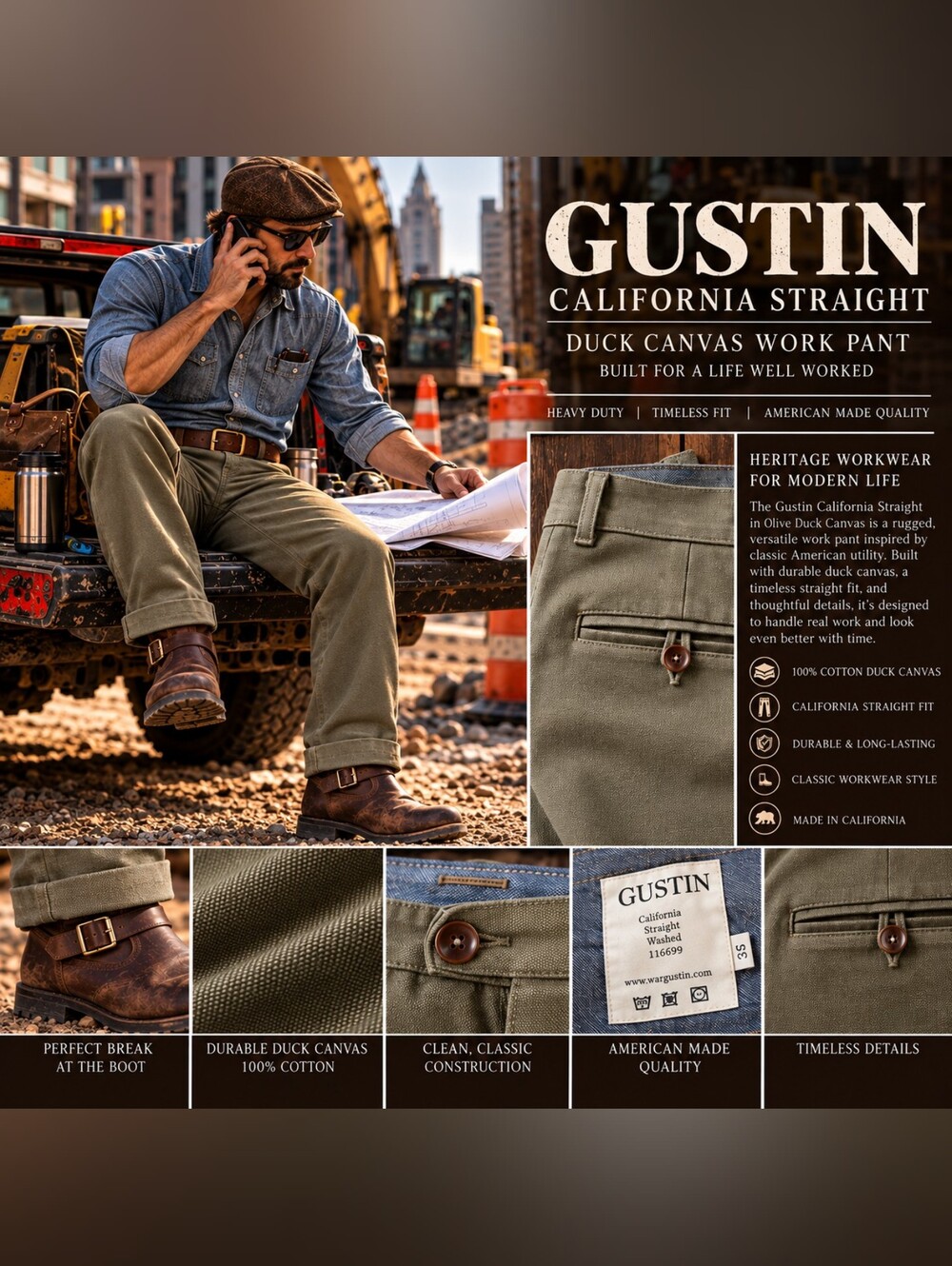 Gustin #13 Army Green Duck Canvas Chino California Straight 35 Made USA